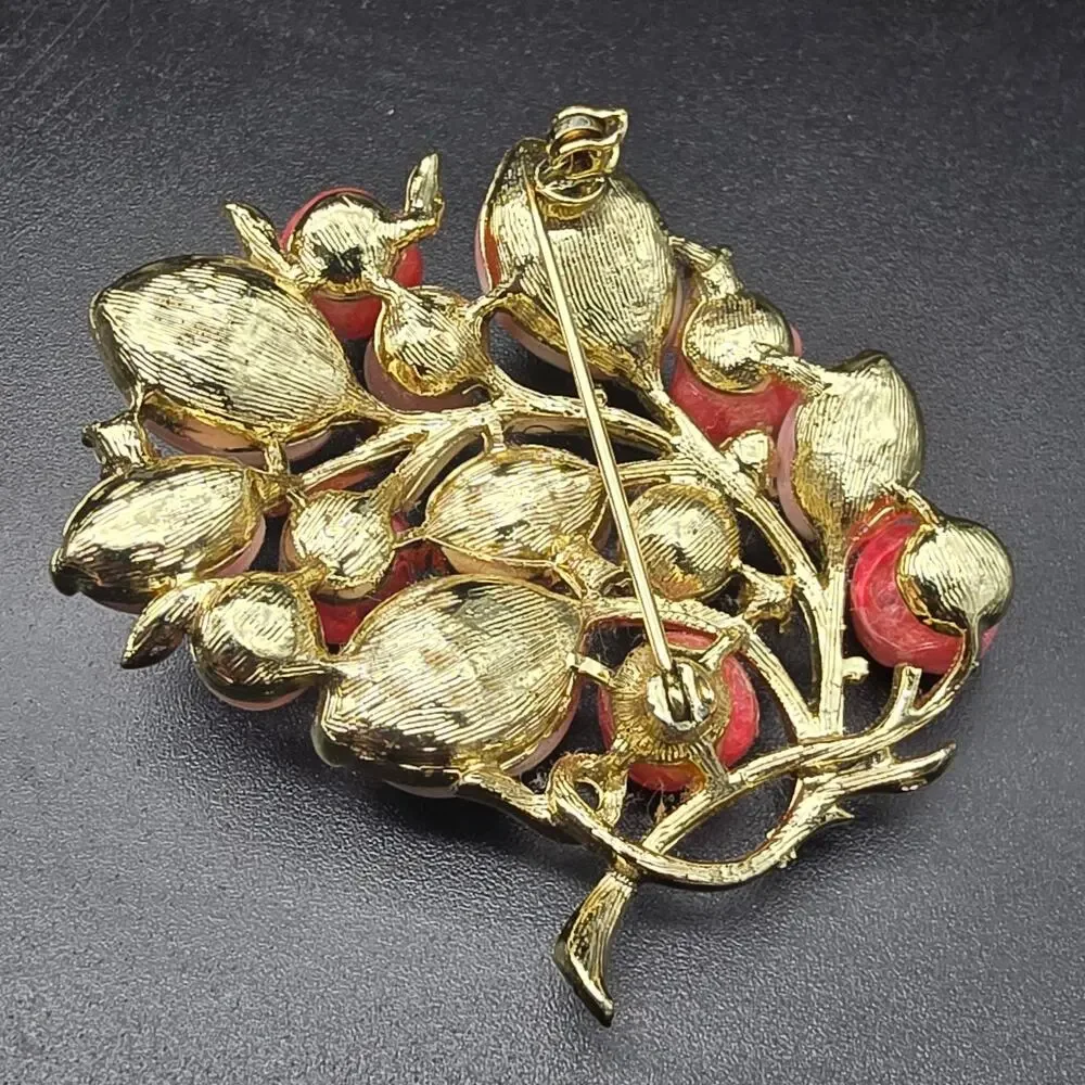 Pink Molded Glass Faux Pearl Brooch Flowers Bouquet Vintage Jewelry